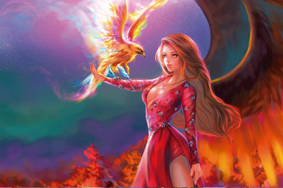 Adesivo para cartão Garota com Fênix Flamejante